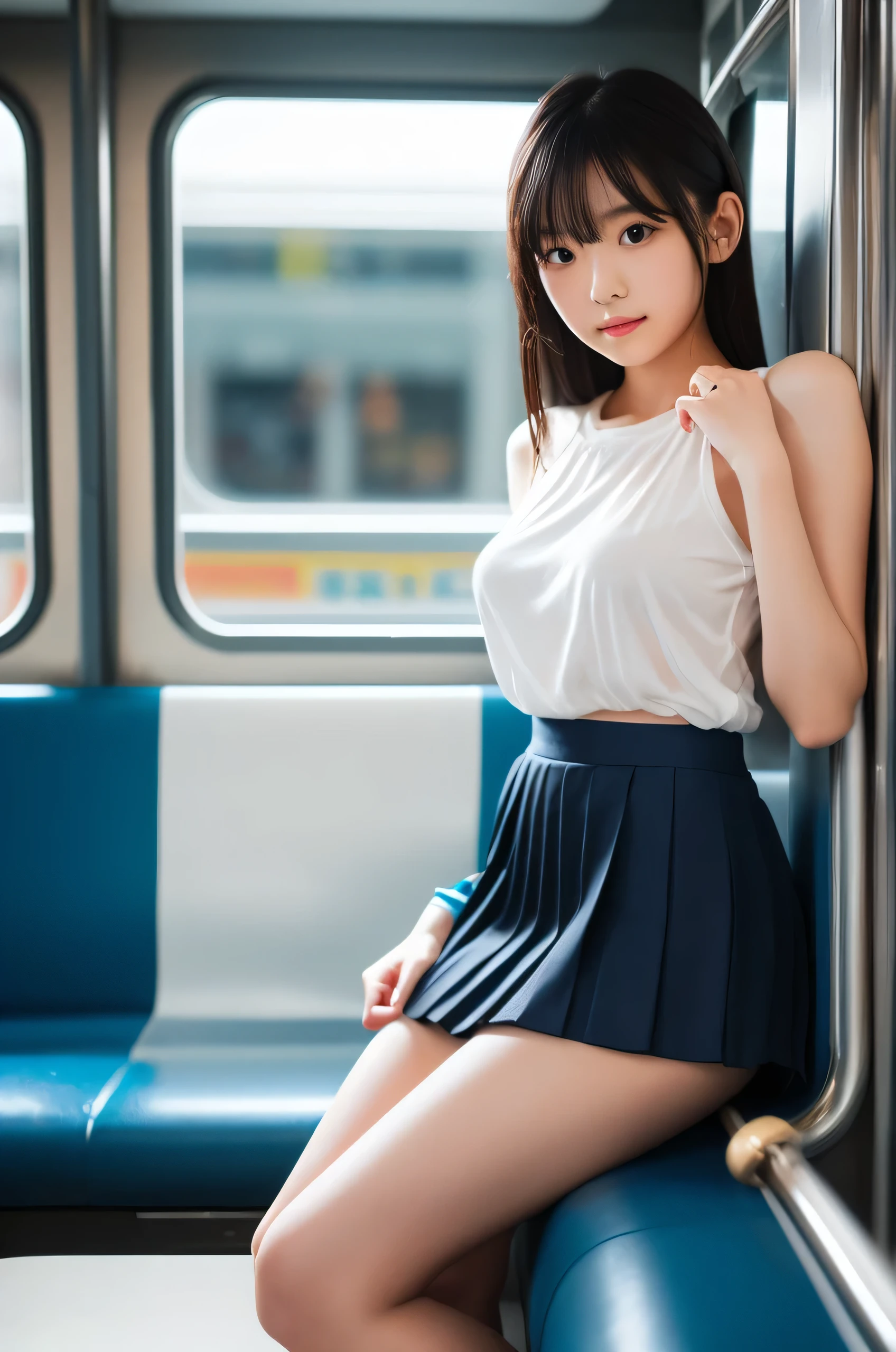 top-quality,The is very detailed,tmasterpiece,actual,photoreali,Bright lights,1 girl in, Very beautiful 17 year old girl, (kawaii:1.2),light smile, (Black colored eyes),(black color hair),(through bangs,pony tails),perfect glowing skin,Flawless skin,((,Sexy and explicit)),((Precise and coordinated hands)), full, Large breasts,big chest and thin waist, Observe your audience,,((One shoulder open chest white shirt)),(Blue mini pleated skirt),(((Lift up your skirt yourself))),(Self-lifting),(show panties),and wear no underwear,panty focus,((sitting down,spread their legs)), Short socks, (Black Knee Socks),(Loafer shoes), During the day,On the train,long horizontal seat,Put your back to the window, The smile is bright