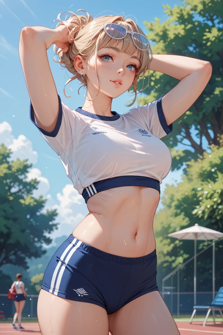 (best quality, masterpiece:1.4), Swedish college girl, tennis outfit, tight, pink shorts, white polo shirt, medium hair, ((slim, petite)), beautiful and mature, silver hair, sky blue eyes, photorealistic, photo, closed mouth, abs, toned, realistic, realism, photorealism, Kahili, AmberHeard, eye focus, high contrast, photorealistic digital art trending on Artstation 8k HD high definition detailed realistic, detailed, watercolor illustration, armature, (photorealistic:1.4), ultra high resolution, detailed, raw photo, sharp image, perky breasts, upturned breasts