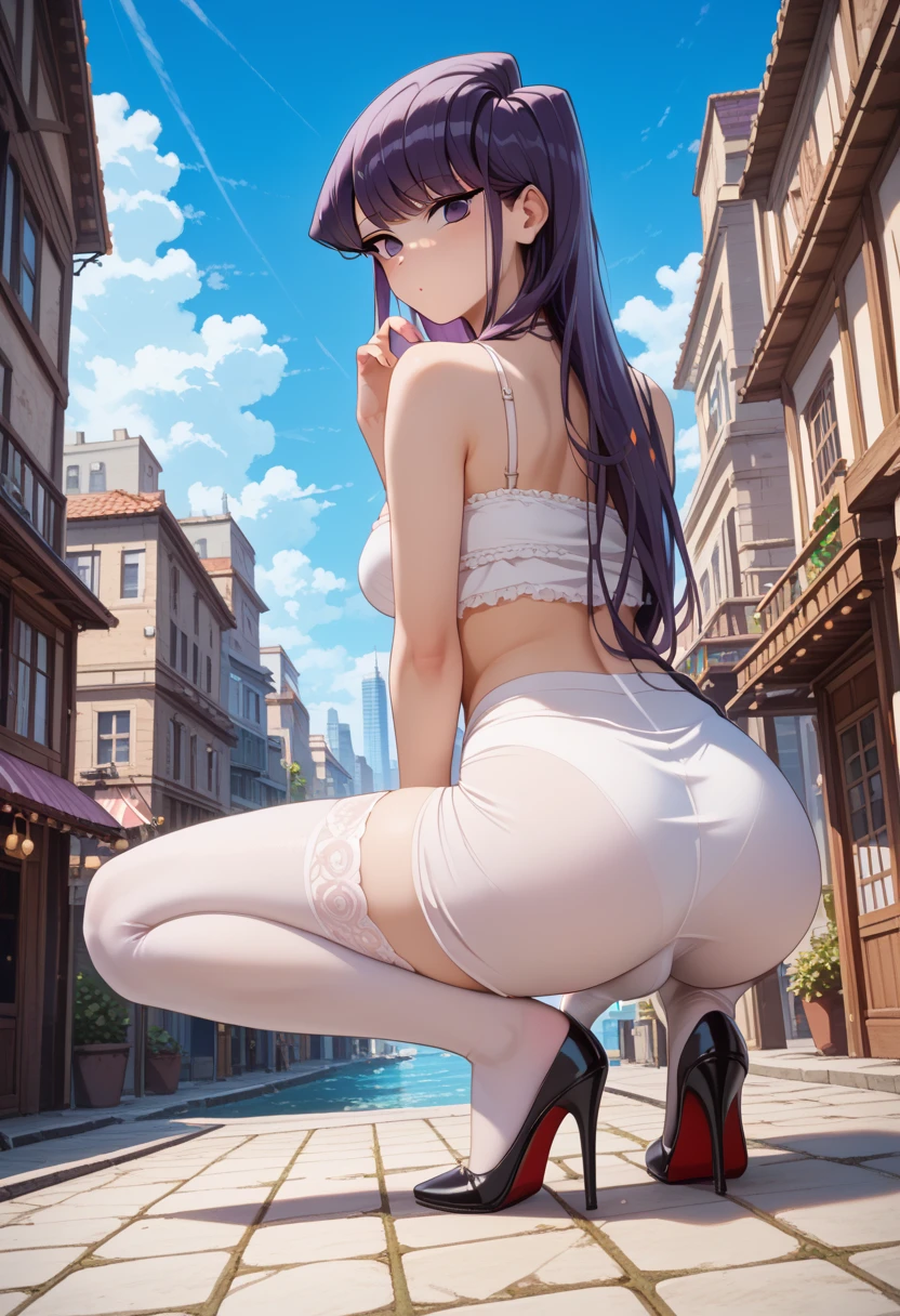 Yor Briar、Black Hair、Gold headband、Black dress、No sleeve、Black choker、Black long boots、Stick your butt out、dynamic、Lean back、Put your hands on the ground、Shyness、Slim thighs、On all fours、Top view、look back、Put your knees on the ground、Night back alley background、Night Scenery、Street lamp、Gold Hair Ornament、Dark Background、Blurred Background、