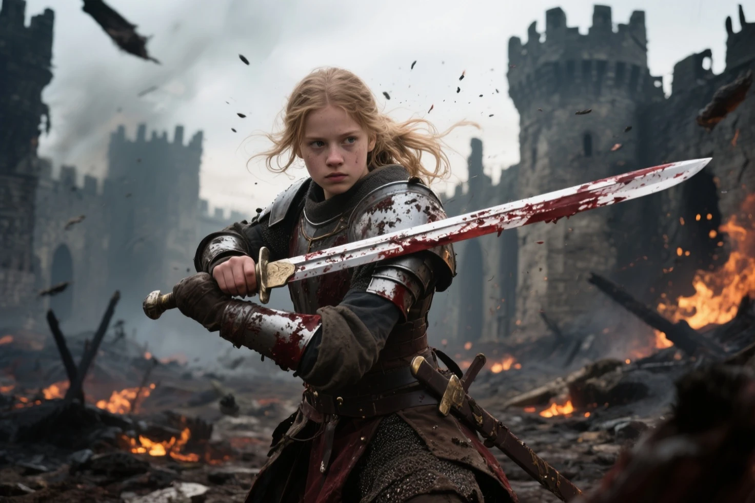 Greta Thunberg in Viking warrior clothing fighting a robot