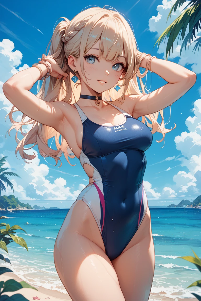 (tight-fitting swimwear)1.4,(suntan lines)1.5,(solo girl)1.3,(half undressed monokini swimwear),(Glittering Calm Sea Surface)1.3,highschool girl,hair up, (drooling,open mouth),(Lovey-dovey eyes), (tilt head)1.3,(embarrassed face)1.3,soft clean focus, realistic lighting and shading, (an extremely delicate and beautiful art)1.3, elegant, ,active,dynamism