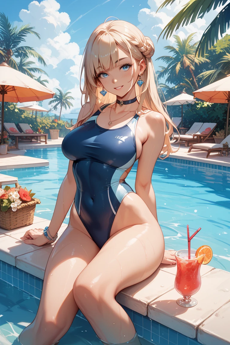 Highest quality,Highest Resolution,A crying beauty in a super high-cut swimsuit,Night Pool,Night view,Back view,up,Very beautiful eyes,(((Drink a drink))),(((Open your mouth and drool))),(((Sweat profusely)))Tears,Big Breasts,(((Ｔback)))