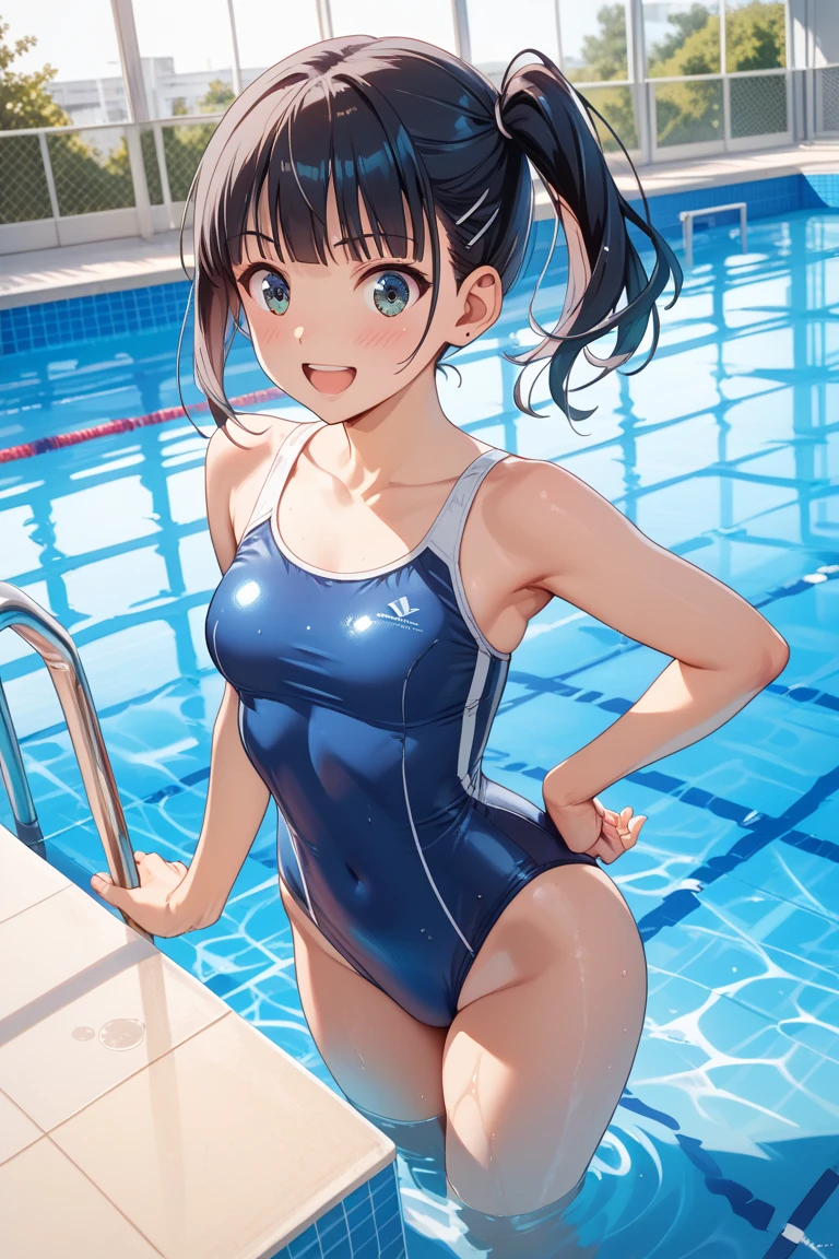 nsfw,  (perfect anatomy, balanced proportions, extremely cute illustration:1.1), poolside, brown hair, brown eyes, long hair, twintails, hair ornament, arms behind head, armpits, (embarrassed, smiling), (dark-navy school one-piece swimsuit), baby face, (cute round face), seducing,
