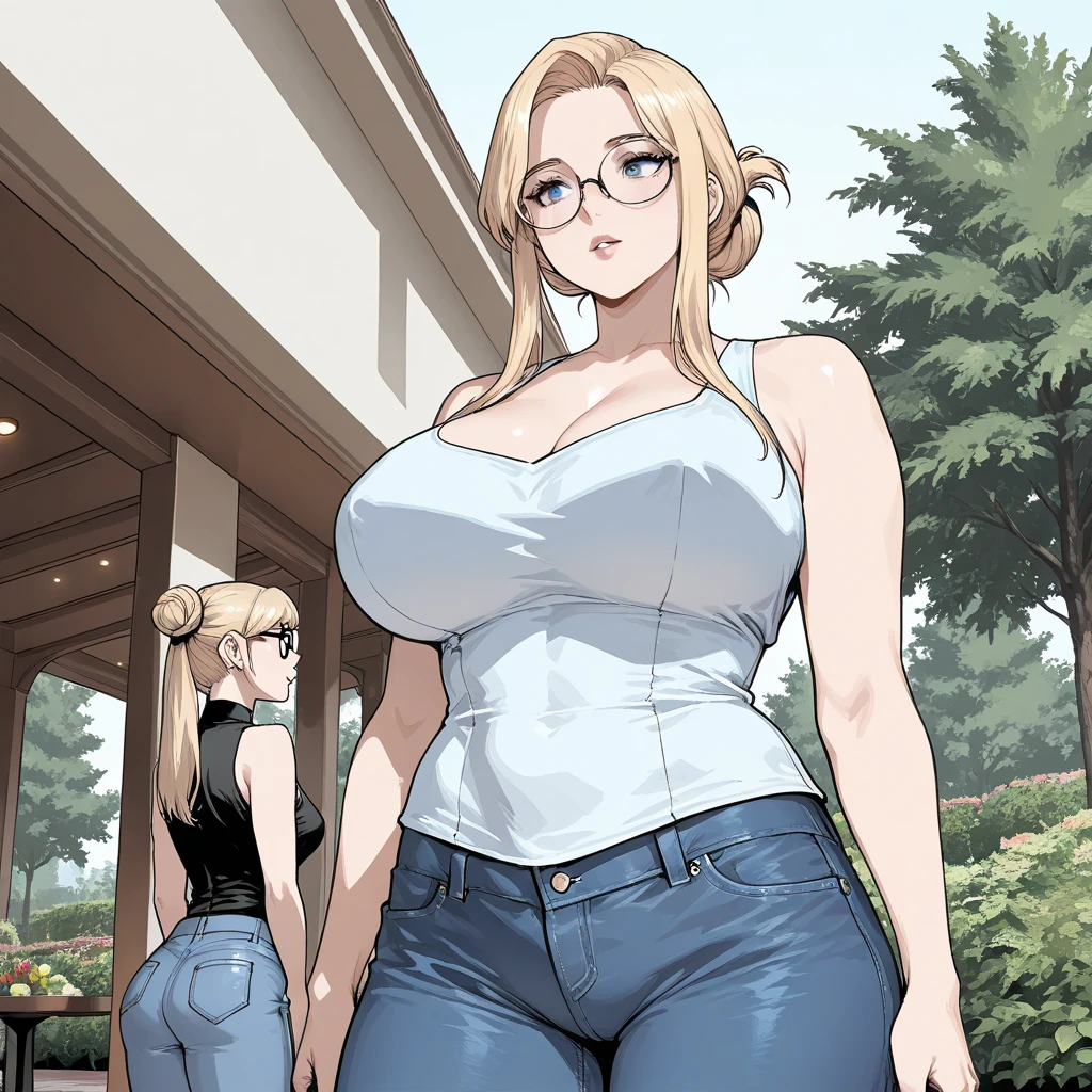 2heads, an overweight woman with 2 heads. She has gigantic breasts. She is in a park with trees on a sunny day. She is wearing a tight pink t shirt and jeans. She has massive breasts. She has blonde hair in a ponytail. She is wearing glasses. Deep cleavage. She looks mature. She is blushing. She looks seductive and lustful. She has big fat perky lips. She is wearing lipstick. She is extremely fat. She has gigantic breasts. She has enormous fat round breasts. Her lips are big and seductive. Her breasts are gigantic and circular. She is winking. She is tall. She is a milf. Her breasts are absolutely enormous. She has huge fat round breasts. Hard nipples.