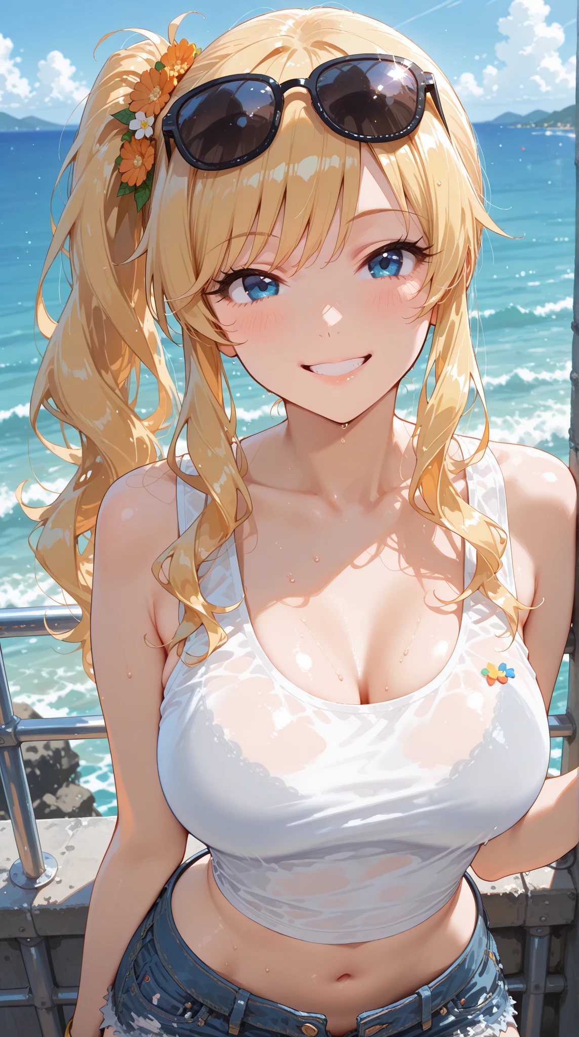 Light yellow swimsuit、Super close-up、a smile、erotic posing