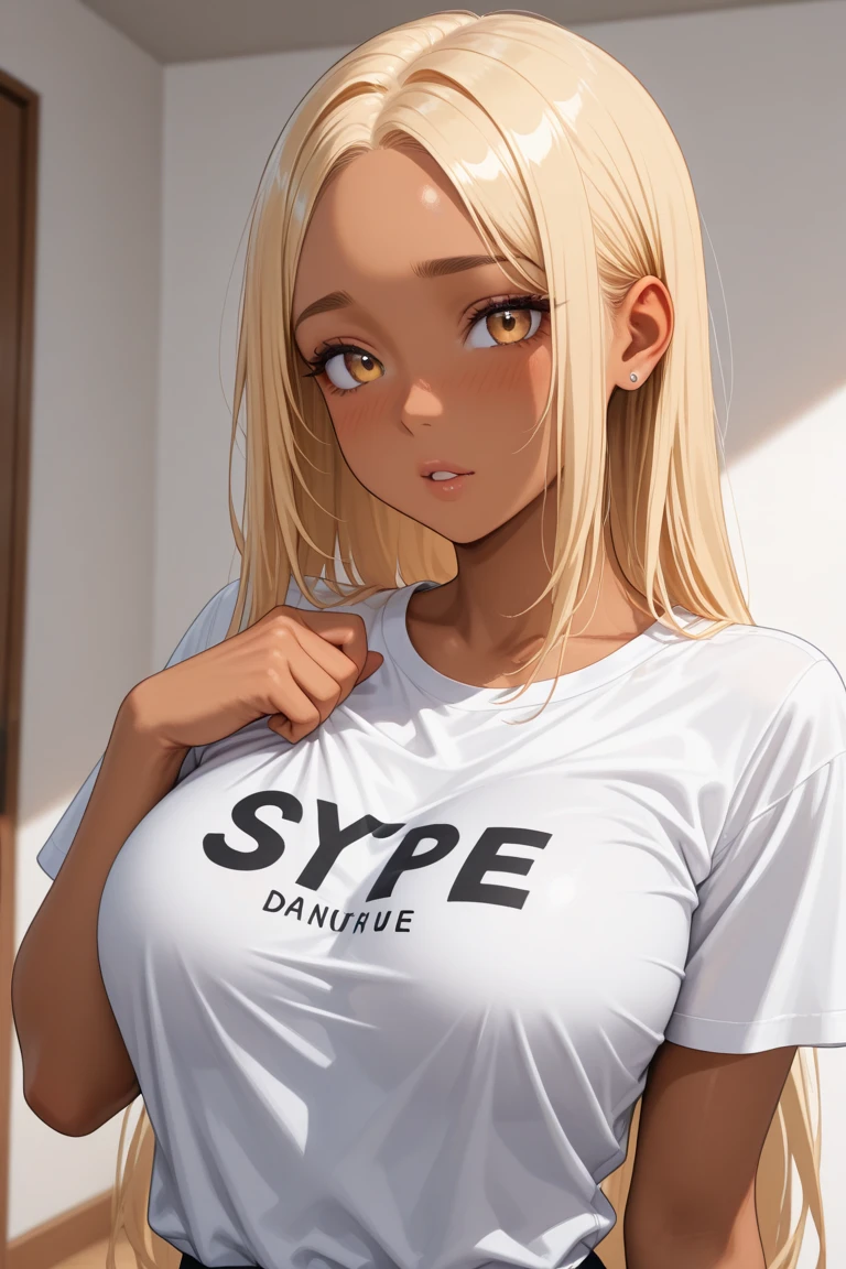 (1girl), room, breasts, tan, dewy skin, sweaty skin, wavy blonde, nylon t-shirt, punk girl, brunette hair, transparent, nake,, breasts out
