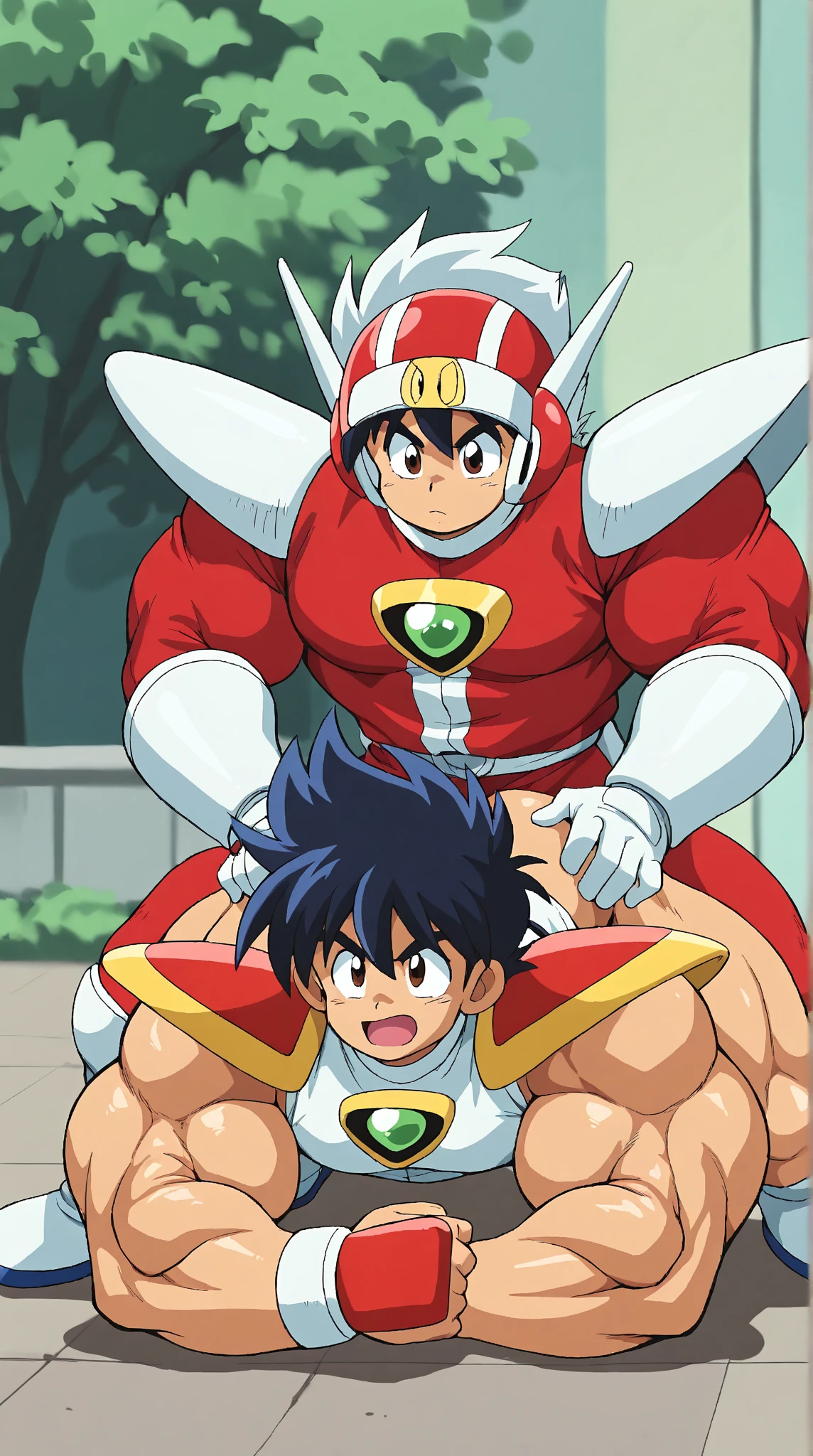 A young boy with devil-like wings,Mouth wide open with expression of pain,Sweating and drooling profusely,Semen dripping from his huge erect penis,A strong, well-trained body like a bodybuilder,A large amount of ,Orgy,self-sucking,Masturbation,Hero Suit,Crying face,