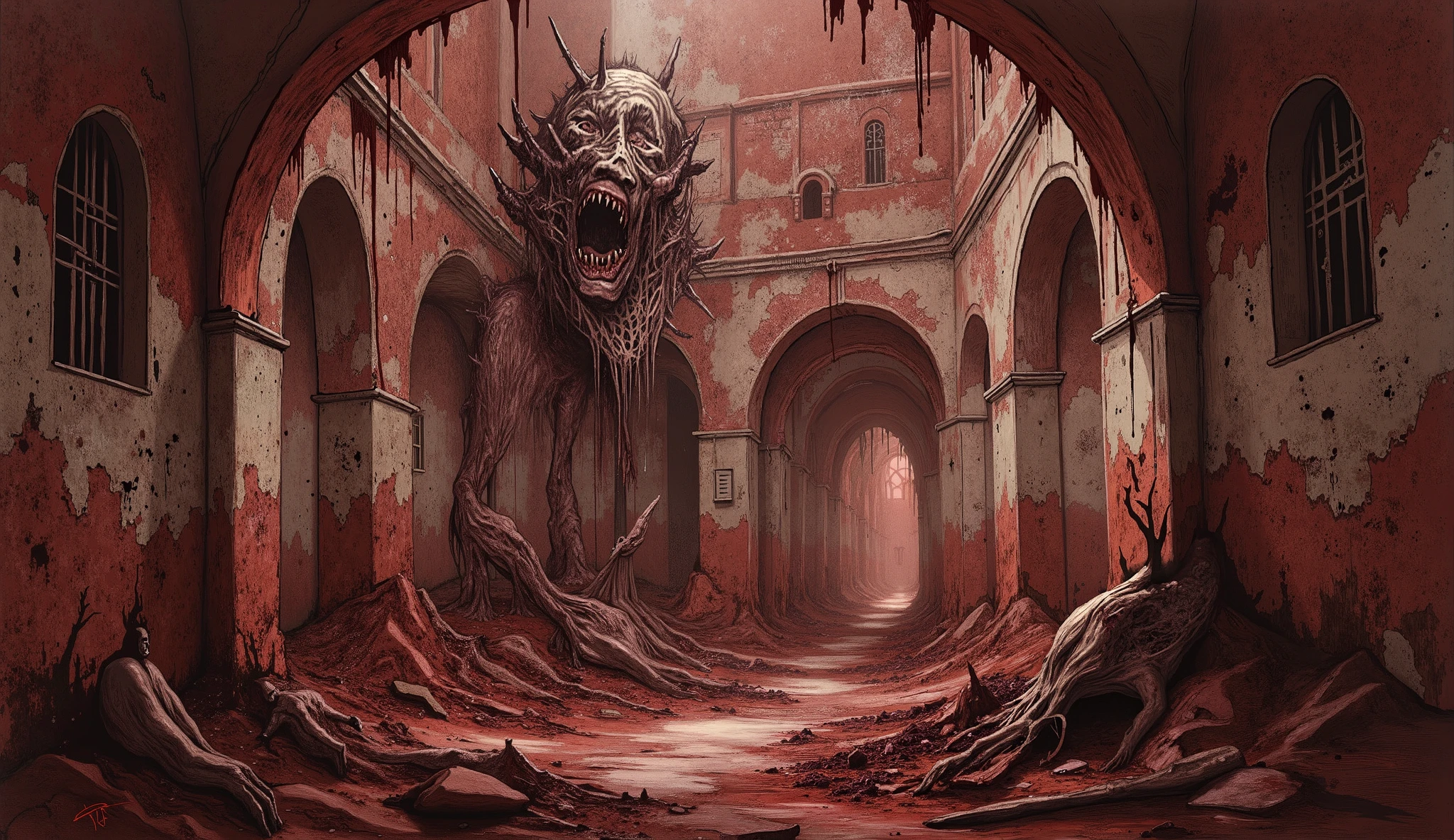 Abandoned asylum, Neo-Expressionism, distorted, haunting, blood-red hues in the style of Egon Schiele, surreal horror, high detail, masterpiece.