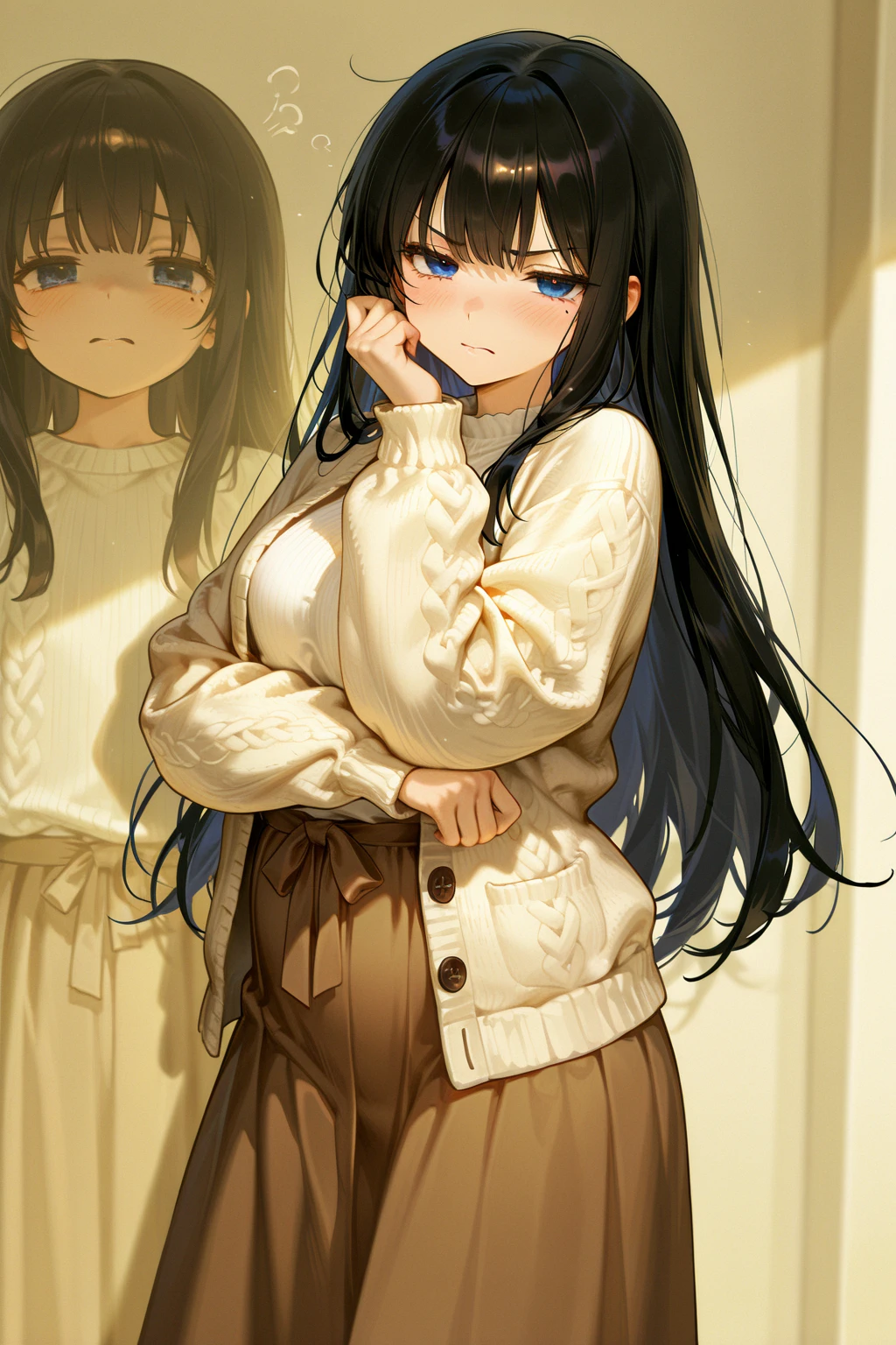 girl with, a beauty girl,((Matte skin))、The wind is blowing、Well-formed face、14years、8Head and body、a small face、A slender、Very skinny、skinny、tiny chest,Model body type、Beautiful black hair with luster、Backgrounds that look like real photos、Embarrassed face、Book cover、Girls who do their best to be fashionable、miscievous smile、Winter clotheiniskirt flips in the wind、(((Not wearing pants)))