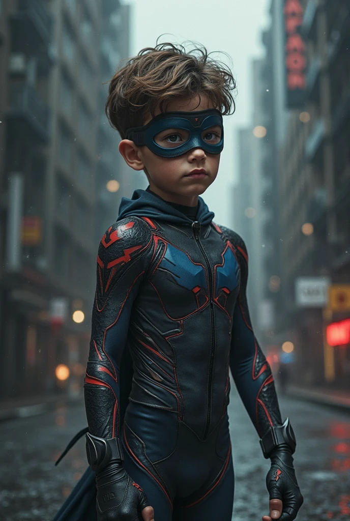 I want a character to have a superhero suit with a superhero mask that he wants to be a superhero like a commander and also that you can only see his eyes is the superhero mask that is 12 years old and appears older