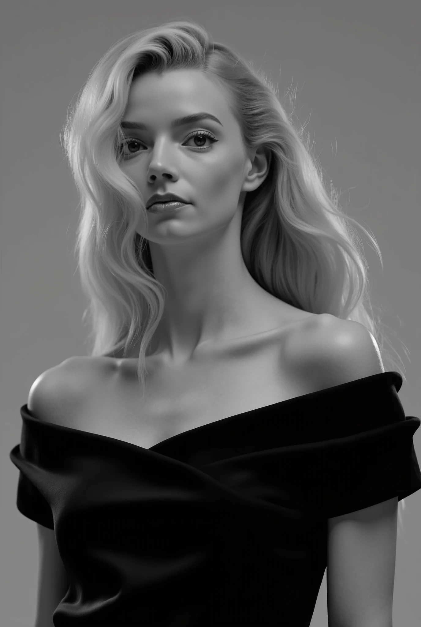 The image features a 20-year-old-girl with long blonde hair styled in loose waves falling naturally around them. She is wearing an off-the-shoulder black blouse, which gives the impression of casual elegance. The fabric of the blouse is smooth,, with a subtle sheen that suggests a light source illuminating it from above, perhaps spotlighting them in a studio setting. The overall tone of the photograph is monochromatic, using grayscale to convey depth and contrast, which evokes a timeless, classic atmosphere. The lighting is soft yet well-defined, highlighting the contours of the subject's neck and shoulders. 