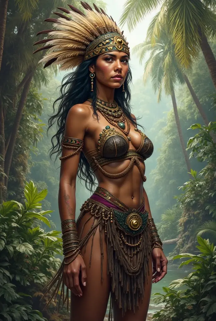 arafed woman in native dress holding a stick in a river, amazon indian peoples in brazil, amazon warrior, forest hunter lady, a young female shaman, north adult female warrior, wearing tribal armor, in a jungle environment, amazon queen, holding a spear, tribal clothing, gorgeous jungle ranger, indigenous, holding spear, she is dressed in shaman clothes