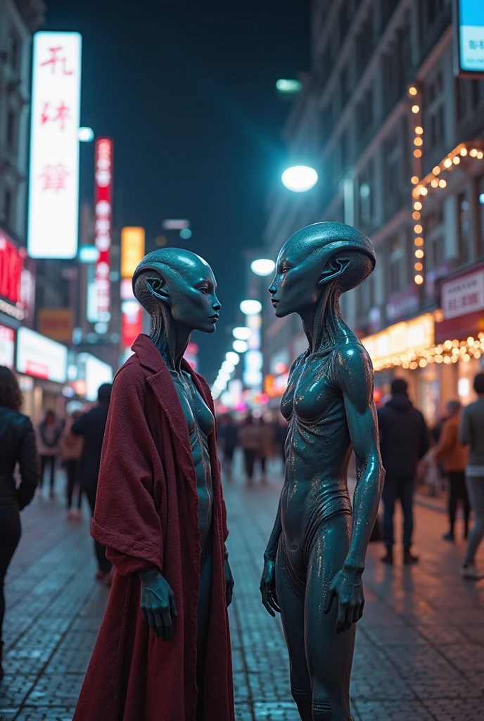 Alien and humans walking together
