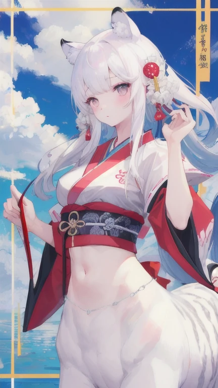(best quality, masterpiece), 1 girl, centaur, It takes, White skin, Japanese  , exposing the abdomen,belly button t-shirt, beautiful girl perfect real white tiger photo, Perfect real white tiger photo