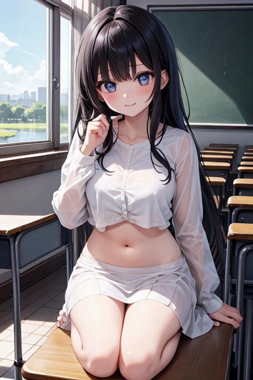(((realistic:1.3,masterpiece, highest quality,absurdres))),20 year old beauty,solo,((very small head:1.2)),long hair,bangs,dark blue hair,dark blue eyes,blush,smile,medium breasts,((very long body)),((toned body:1.2,slender body)),skinny,gleaming skin,shiny skin,((Navy blue cardigan、White bra、Blue denim miniskirt)),classroom、School building、