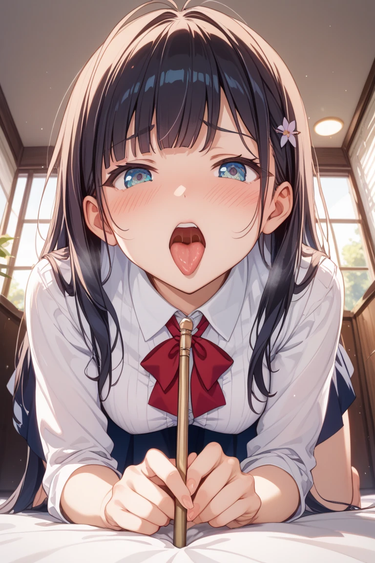 asashiokainiKC, Long Hair, shirt, Knee socks, Long sleeve, ribbon, , neck ribbon, Apron dress, (Small breasts:1.2), (Small body:1.2), (Low length:1.2), One , alone,
break
(SFW:1.3), (whole body), (Bust up shot:1.2), (Face Focus:1.1)
break
0pen, (Sticking out tongue), ((Long Tongue)), (Open your mouth) , From above, (Overhead Shot)
break
(;d:1.2), (blush:1.2), (Closed eyes), Ahegao official art, Masterpiece, Highest quality, Highest Resolution, 8K, Most detailed, Extremely elaborate hands, Highly detailed fingers, Highly detailed mouth, perfect anatomy
break
(indoor, Bedroom), dust, dust, Particles of light, Highly detailed 16K CG wallpaper