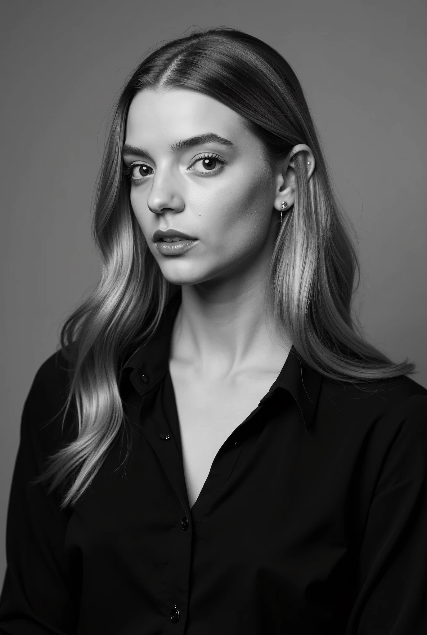 The image features a girl with long blonde hair styled in loose waves falling naturally around them. They are dressed in a oned-down black shirt, which is slightly open at the collar, giving an impression of casual elegance. The fabric of the shirt is smooth, with a subtle sheen that suggests a light source illuminating it from above, perhaps spotlighting them in a studio setting. The overall tone of the photograph is monochromatic, using grayscale to convey depth and contrast, which evokes a timeless, classic atmosphere. The lighting is soft yet well-defined, highlighting the contours of the subject's neck and shoulders. 