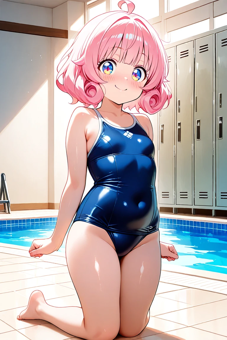 extremely detailed CG, super detailed skin, perfect anatomy, dynamic lighting, (Photorealistic:1.4), Japanese Girls, (1 Girl), (young girl :1.6), Black Hair, Short Hair, blue eyes, Beautiful Eyes, Wide double eyelids, (Smirking eyes:1.2), (Curvy:1.4), (Glossy metallic pink one-piece swimsuit:1.5), (pink kneehigh boots:1.5)、(sunny:1.2), Are standing、arms behind back、 (In front of the wall:1.5)、From below、(children:1.8)