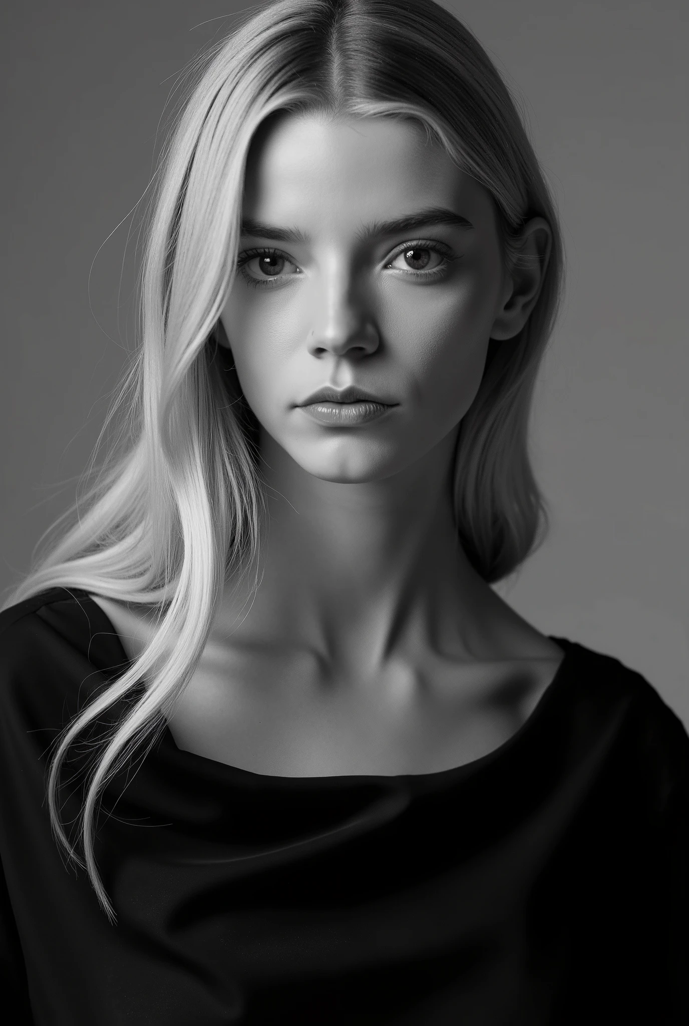 The image features a 20-year-old-girl with long blonde hair styled in loose waves falling naturally around them. She is wearing an off-the-shoulder black blouse, which gives the impression of casual elegance. The fabric of the blouse is smooth,, with a subtle sheen that suggests a light source illuminating it from above, perhaps spotlighting them in a studio setting. The overall tone of the photograph is monochromatic, using grayscale to convey depth and contrast, which evokes a timeless, classic atmosphere. The lighting is soft yet well-defined, highlighting the contours of the subject's neck and shoulders. 