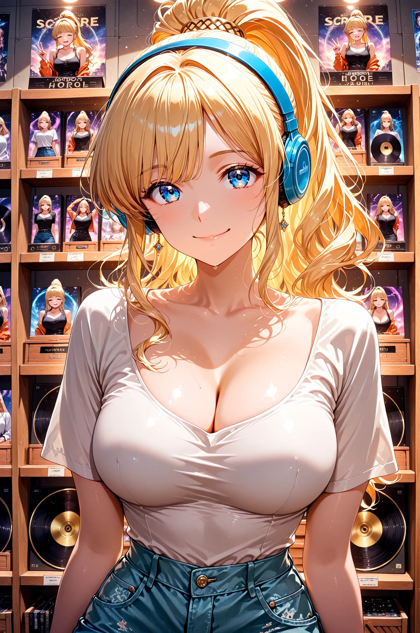 masterpiece, score_9_up, flat anime style, best quality, incredibly detailed, vibrant,
1girl, 20-year-old Japanese adult woman, solo, upper body shot, front view, look at viewer with a bright, cheerful smile and making a peace sign, she wears a pair of large, retro-style headphones over her ears, delicate Japanese facial features, large, expressive sky-blue eyes with a pattern resembling a vinyl record's grooves.
BREAK
(long golden blonde ponytail:1.2), tied up high and bouncing with her rhythm, hyper-detailed hair texture with a healthy, glossy sheen that reflects the store's lighting, a few playful strands frame her face.
BREAK
wearing a vintage band t-shirt that is tied in a knot at her side, the shirt is tight-fitting, clinging to her large and revealing a deep, alluring cleavage, paired with high-waisted denim hot pants.
BREAK
She is in a hyper-detailed and cluttered independent record store, the background is an overwhelming visual feast of thousands of vinyl records in their colorful, artistically designed sleeves, filling endless rows of wooden crates and shelves, posters of obscure bands and concert flyers cover every inch of wall space, creating a dense, atmospheric, and nostalgic tribute to music culture.