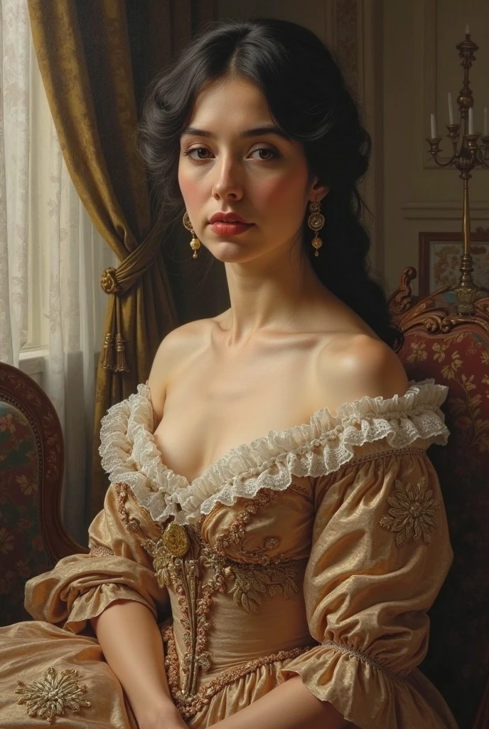 A anjo 18 years old of easy virtue, courtesan, moving in high society, leading a social life and being supported by rich and influential lovers, dressed in an expensive in golden corset, color stockings and a hat with a veil, no panties. anjo sits in an armchair, in a spacious bright room. Highest quality, masterpiece,( full body portrait:1.2). Painted in impressionist style, colorful explosion psychedelic paint colors, brushstroke painting technique, palette knife painting, an expressive oil painting, painting in the style of Pierre Carrier-Belleuse, large strokes
<lora:AngelinaJoliev1:1>