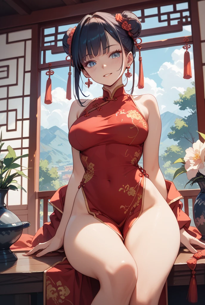 (score_9, score_8_up, score_7_up, score_6_up, score_5_up, score_4_up), masterpiece, best quality, high_resolution, 8k, UHD, 1girl, detailed, extremely detailed, best anatomy, (large breasts), (twintail), short hair, short twintail, brown hair, orange eyes, indoor, in room, chinese dress, chinese clothes, flat expression, red chinese dress, red clothes, sleeveless, seductive look, lustful eyes, naked, nipples, pussy
