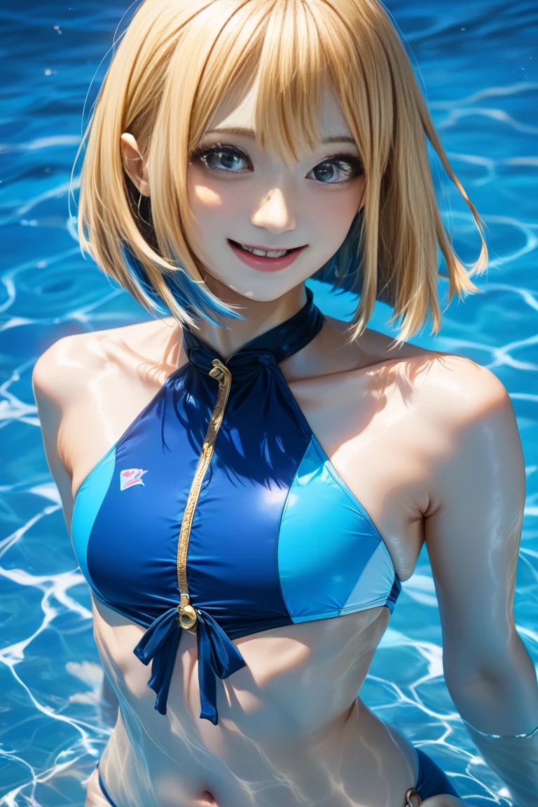 A short blonde anime girl wearing a blue one piece swimsuit,diving