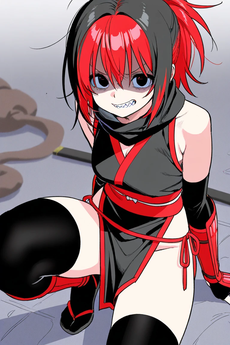 Etna, red hair, twintails, pointy ears , flat chest, gloves, jewelry, choker, thighhighs, black elbow gloves, belt , miniskirt , boots, bare shoulders, midriff, bra, skull earrings, small bat wings on upper back, demon tail, 1girl, solo, facing viewer, looking down at viewer, laugh at,too evil smile,too evil smirk,looking down at viewer,upper body,smile bad,deep shaded face,evil fall,latex elbow gloves,latex thighhigh boots,