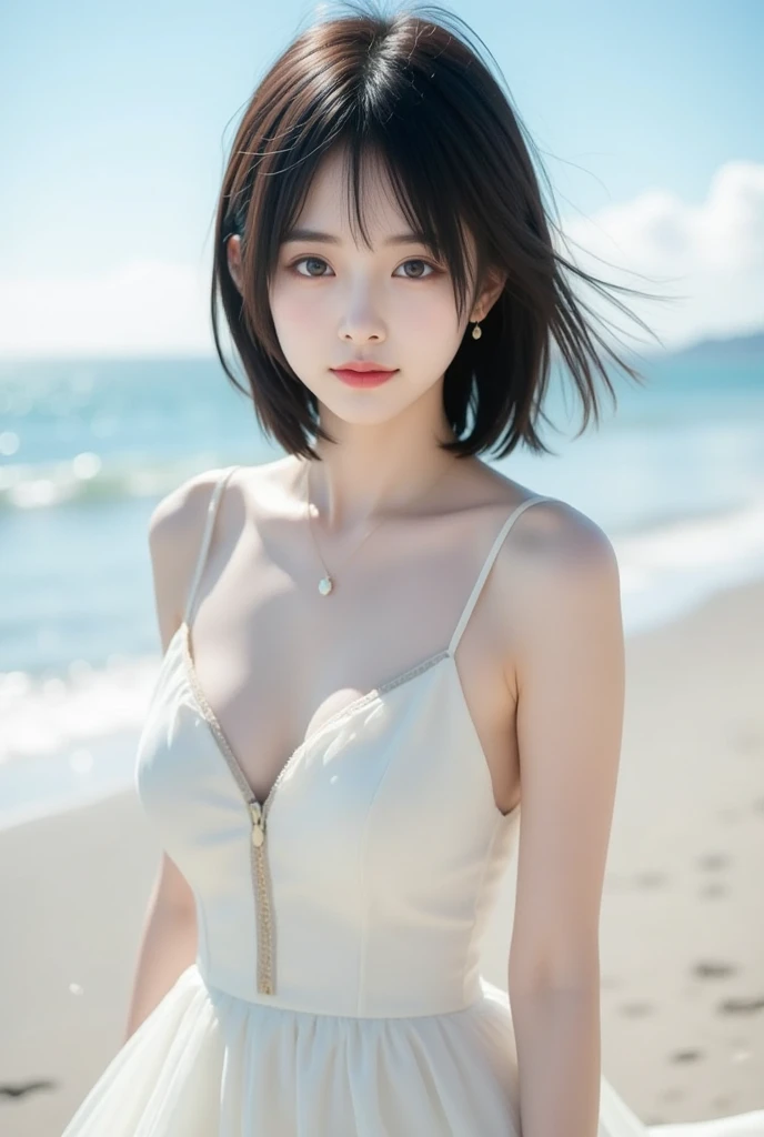 best quality, 1 Girl, dark blue hair, black eyes, Very short hair, Spiky hair, wears sweet white dress luxury,A cropped dress, 171 cm, Messy hair, Hair between the eyes, Medium breasts, full, Tomboy, aldult, 20 years old, A sweet girl by the beach