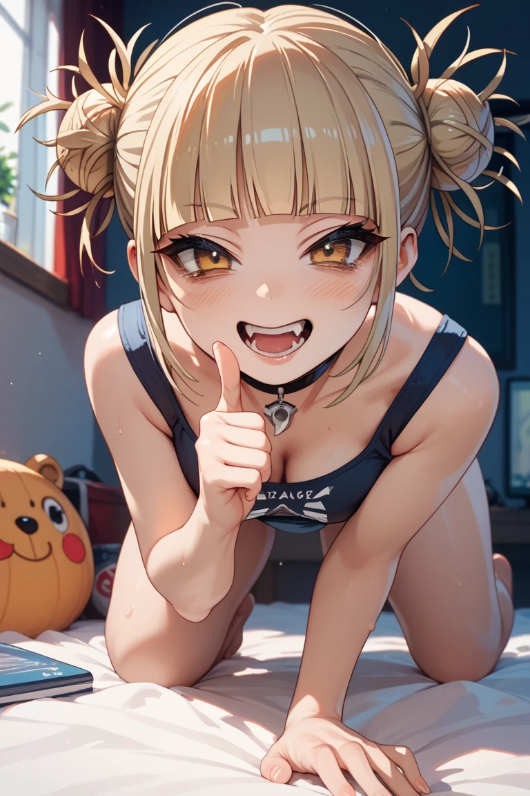 masterpiece, top quality, best quality, 1girl, Toga, (fangs), (unusual pupils), (smile), messy hair, (spikey choker), crazy blushing, red bikini, beach