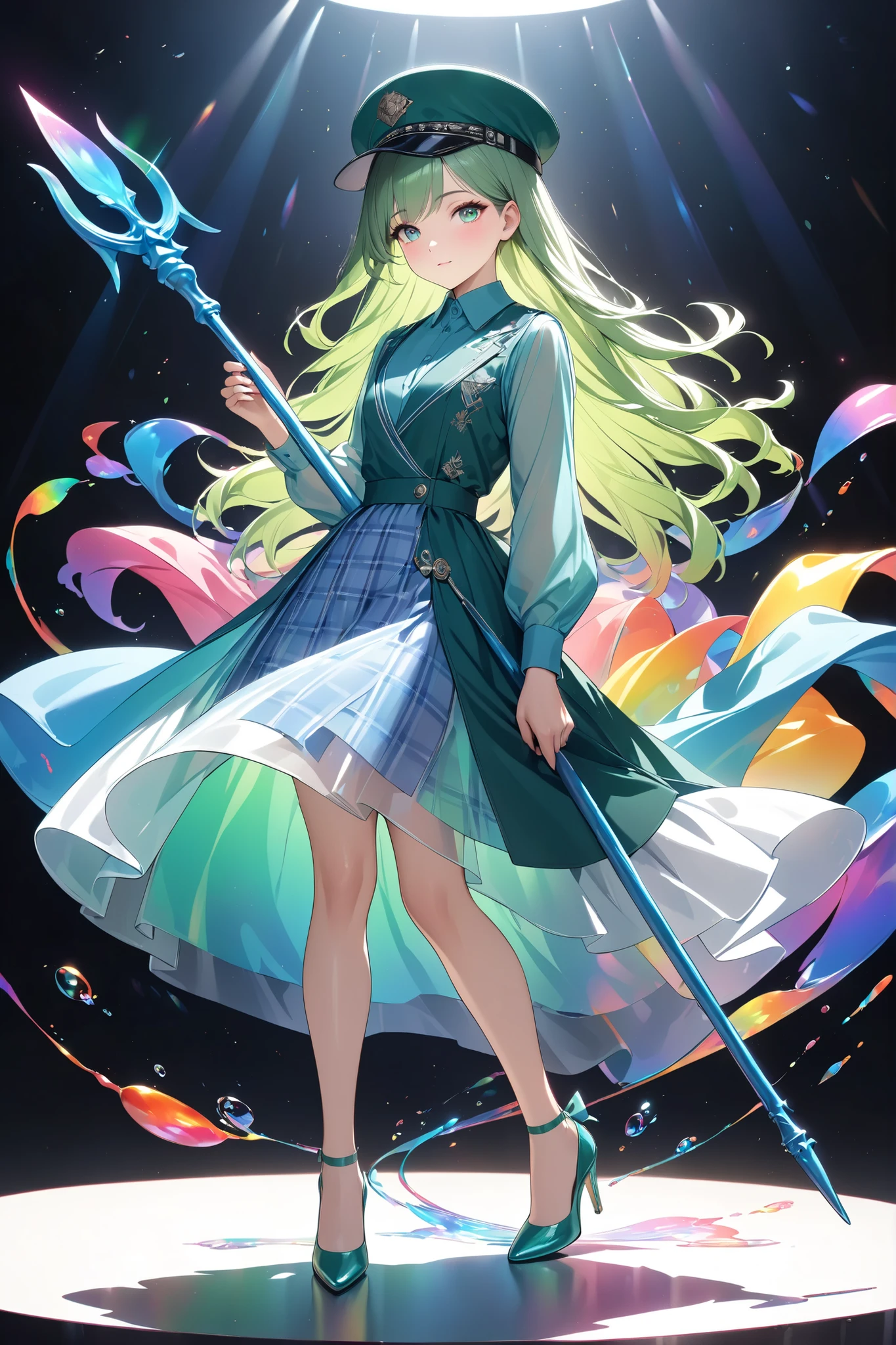 Ultra fine detailed beautiful quality, anime characters with female painters as motifs, Leviathan's protection, solo, Hold a brush with a trident-like brush in your hand, wearing a hunting hat like a painter, emerald green and Aegean blue gingham check, see-through dress、8Life size,
shows you attractive high heels that give off an iridescent sheen,
High Quality, 4K, Realistic, studio lighting, Superb Details, PROFESSIONAL, bright colors, bokeh, PORTRAIT, digital art, Nijigen,