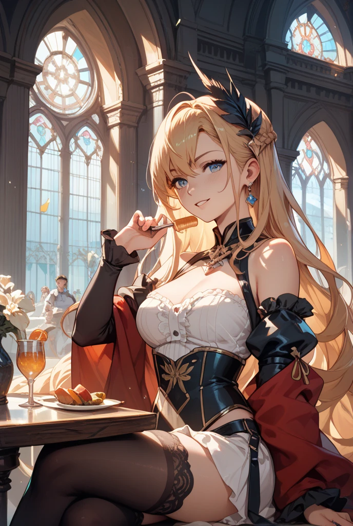 watercolor acrylic woman in a red dress sitting at a table, mystery series style, rococo queen, Tom Burke, in black, blue gold and red, gold stripe around the chest, a piercing sparkle in the eyes, wine red trim,, elaborate costume, Maria- Antoinette, Freya
