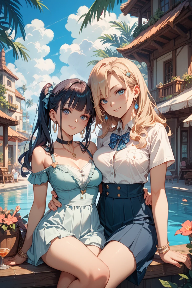 highest quality,wonderful,finely,extremely detailed CG Unity 8K wallpaper, (Stand in line:1.2), (3 girls, cute eyes, Black Hair, Blue Eyes, double bun, clothed), (sparkling eyes:1.2), (small breasts), (wariza:1.4), (cleavage), (open mouth:1.1), (long tongue:1.1), (mouth drool:1.1), (black stockings:1.1),(Thighs:1.2),(Waistline:1.1),(Waistline), (From above:1.4)