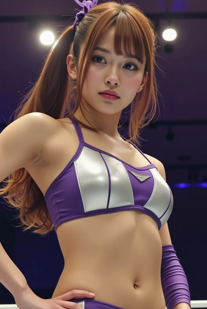 Raw photo、A girl stands on a large raised stage、big breasts、concert venue、singing and dancing)bright smile(17 year old girl、small face、very beautiful face、idol makeup)(((super fair skin、Whitening skin、pure white skin))) realistic skin(sparkling eyes)big breasts、thin waist、long legs、big ass (brown hair、straight hair to shoulders、hair behind ears、beautiful hair、smooth hair)She performs a solo on stage(((Kunoichi、Ninja costume with detailed, beautiful and colorful patterns))))Ninja house background((The atmosphere is colorful concert lights,Upper Light、 Create a seductive glow around her))Her adorable look、shot from below、full body description