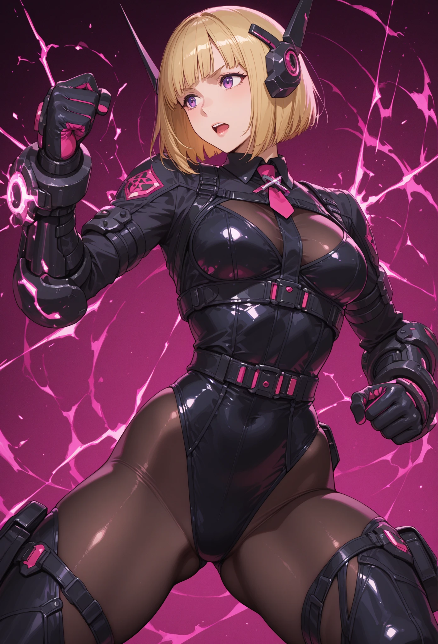 neon pink, fantasy ninja, hot woman, blond short hair, revealing armor, large hips, very large breasts, thick thighs, very thin waist , plumb ass, extremely detailed face and eyes, absurdes, 4k, dynamic pose, dynamic shadows, beautiful lighting