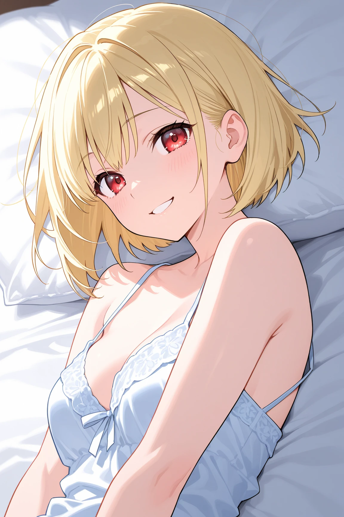 ((masterpiece)), ((best quality)), (ultra-detailed), anime style, on the bed, a cute girl, 1girl, solo, smile, underwear00