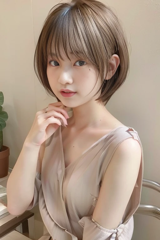 (8k, RAW photo, best quality, masterpiece:1.2),natural lighting,(looking at viewer,from front:1,2),,small breast,(real human skin,finely detailed skin:1,4),upper body photo,extremely detailed eyes and face,double eyelid,makeup,aegyo sal,eyelashes,brown eyes,long eyelashes,parted lips,lipgloss,extremely detailed face,natural make up,((1girl,Pretty Japanese woman,20s:1.2)),((straight short hair,natural hair,transparent bangs,light brown hair:1,6)),smile,white shirt,