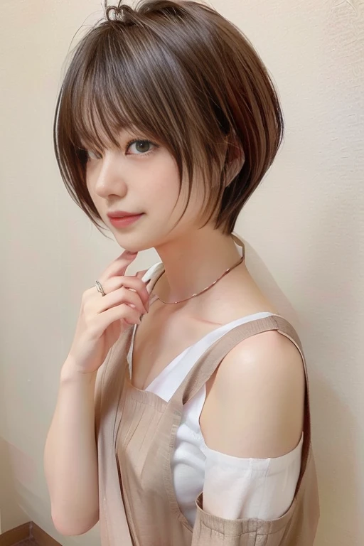 ((long sleeve blouse))、(White wall on background、hair with highlights:1.4)、40 generation women、put mesh in hair、blonde and dark brown hair color、、Taken in front of the white door、(white wall room with window)、(8K、Live shooting、highest quality、masterpiece:1.2)、High-definition RAW color photo、professional photos、(real、フォトreal:1.37)、Shot in natural light、1 girl、A sloppy smile、(various poses)、necklace、(Beautiful profile:1.3)、Don't look at the camera、profile、shortcut、short hair、Eye color is dark brown、(Beautiful profile:1.3)、correct hand of human body、pastel clothing、correct state of the human body、natural color lip、Shot in well-lit areas