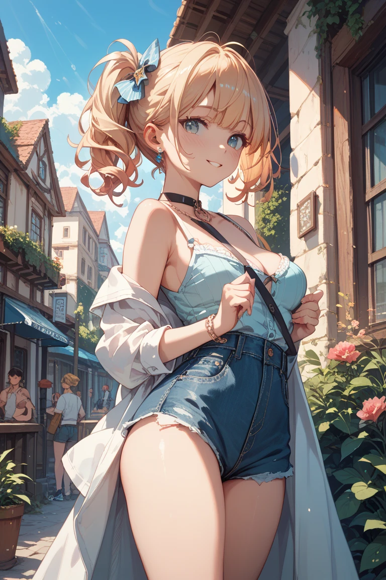 (masterpiece, Best Quality, ultra-detailed, high resolution, extremely detailed CG, official art, Professional Lighting, Perfect Anatomy, anime colors), (from below), looking at viewer, cowboy shot, perfect body, a 24yo beautiful girl, sidelocks, hairband, earrings,medium hips, glamorous body,a small face,beautiful-makeup,Makeup light,dark brown hair, Amazing Cleavage, thin waist, cute ass, Raised sexy, small breast: 1.2 posed cleavage:1.2, (off shoulders,Denimbra,legginullnude), micro denim shorts, bare legs, nail_polish, pale skin, Waiting friend, (morning:1.5), tokyo, (convenience store:1.3), outdoor, (depth of field:1.3), contrapposto, (Hold a coffee in your hand:1.3),delicate beautiful face, Bright blue eyes, cute eyes, sparkling eyes, Big eyes, (perky chest:1.1), (pointed chest:1.3), looking at viewer,