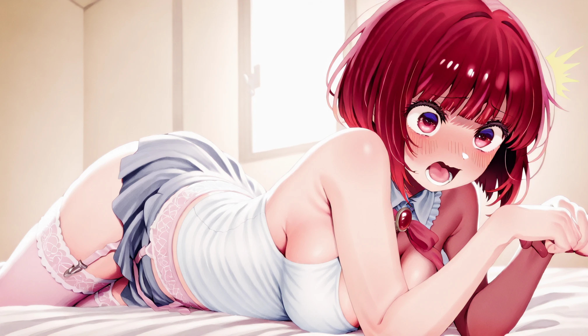masterpiece、ighly detailed、(1 girl in:1.2)、Red hair、Learn uniforms、big eye、a closeup、A smile、8K、short-hair、(((anime styled)))、Shining eyes, ((nude)), (nipple, small boobs), bed, wind, (on all fours), ((((yawning)))), tongue out, ass, frowning