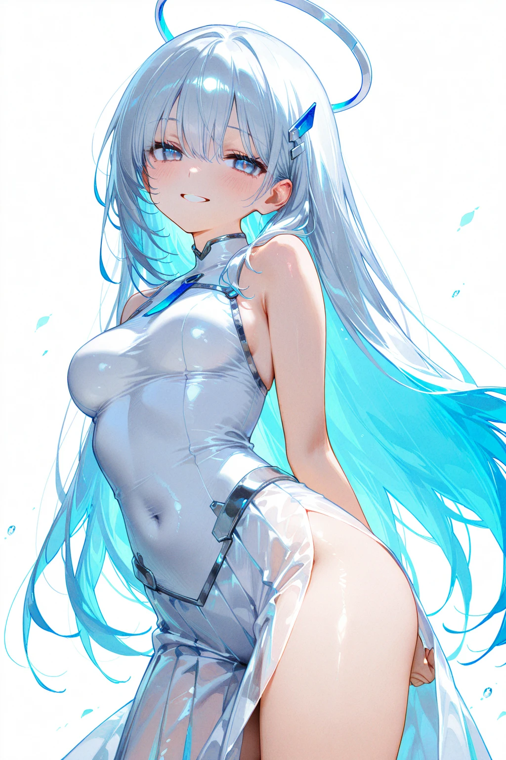 (masterpiece, best quality:1.5), (ultra detailed, high resolution, 8k, beautiful detailed, UHD, best anatomy), white straight hair, medium breasts, 1 girl, short shorts, thin see-through, standing, from below, Crystals floating around, night