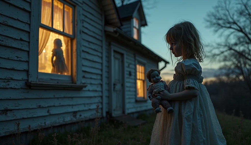 (masterpiece, Best quality:1.2), horror scene,  Children with BLACK eyes in the window,