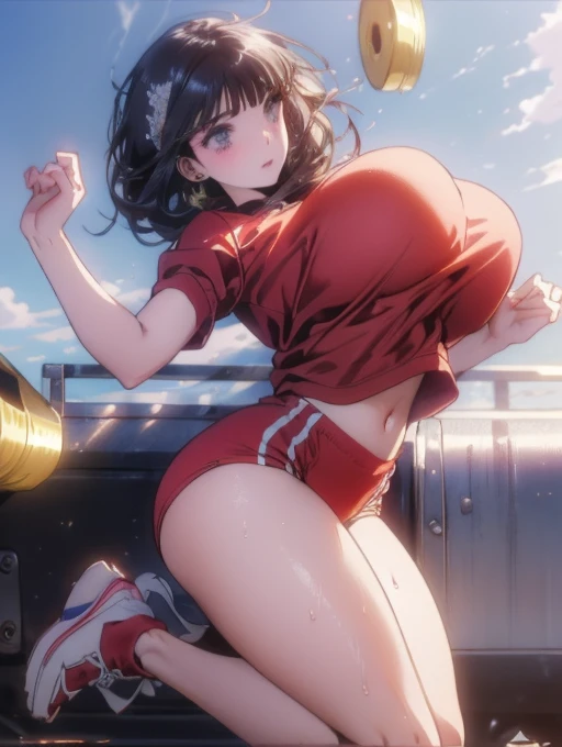 ((She is wearing a bright red mini pleated skirt.))、 ((I can just see a little bit of her pink panties))、