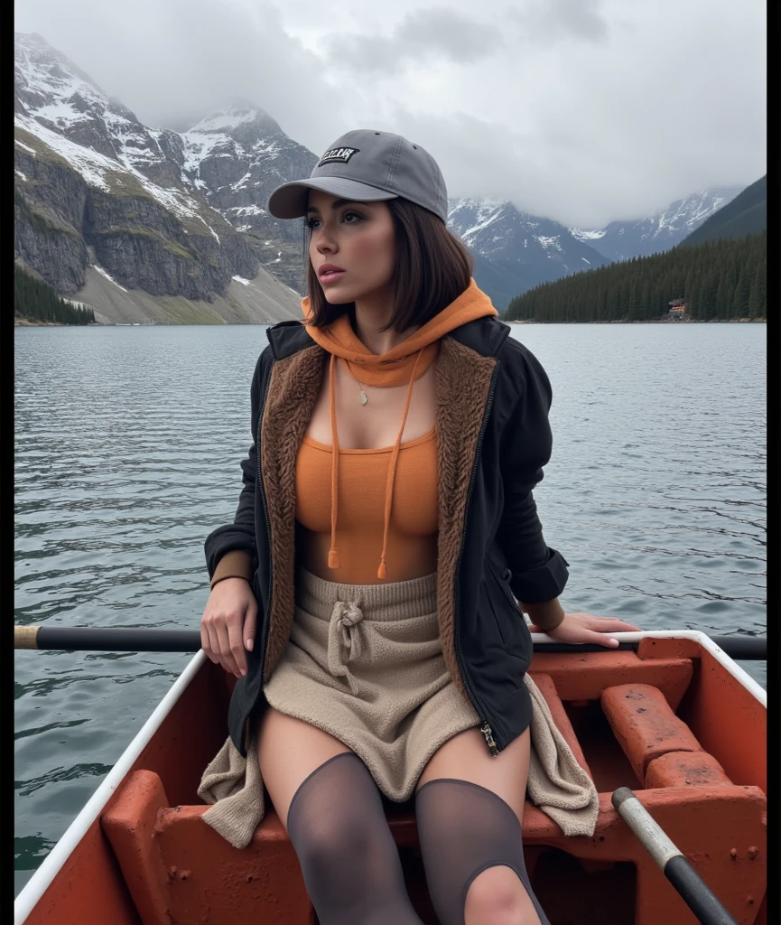 (highres,realistic),(professional,ultra-detailed),(photography:1.2),(landscape),(vivid colors),(soft natural lighting),Anglo-Saxon girl,25 years old,dark hair,pullover pants,8k, raw photo, moody preset, long socks, home, kitchen, big breasts, Showing big thick ass, sitting, mountain view window