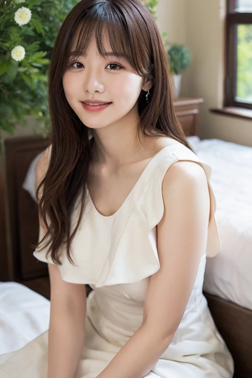 Female Japanese sitting on café terrace, Elegant, long curly hair, turn, off shoulders, large round eyes, Sunlight, with round face, With bangs, Brown eyes, narrow forehead, a baby face, Tear bag, smile, Large front teeth are slightly visible, long skirt,
