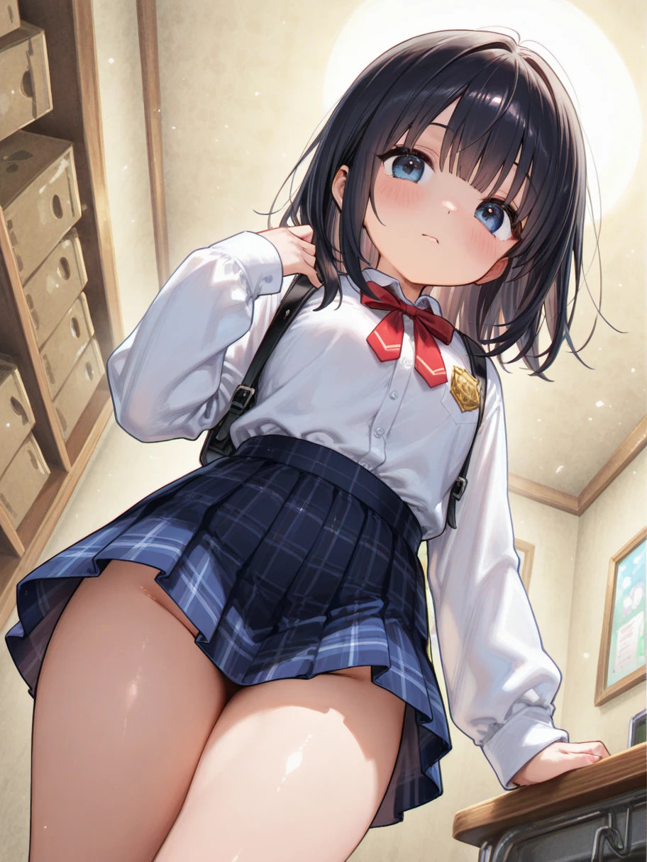 very cute and beautiful girl,(Very detailed美しい顔), (smile),blush,Black Hair,Seraphim,(Pleated navy blue mini skirt),Are standing,(From below),(Lacy white panties), Wooden classroom,window,Distant Tree々and the city, (Highest quality,masterpiece:1.0),Absurd,High resolution,Super detailed,Very detailed,32k,8K resolution, Intricate details,Movie Scenes,Detailed Background,alone,Dynamic Angle,