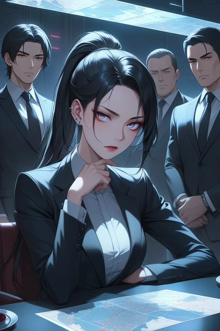 A beautiful woman, red lips, long black hair, big breast, large breast, my hero academia, UA uniform, cleaveage, classroom. cleavage visible. standing. surrounded by UA students, crowded