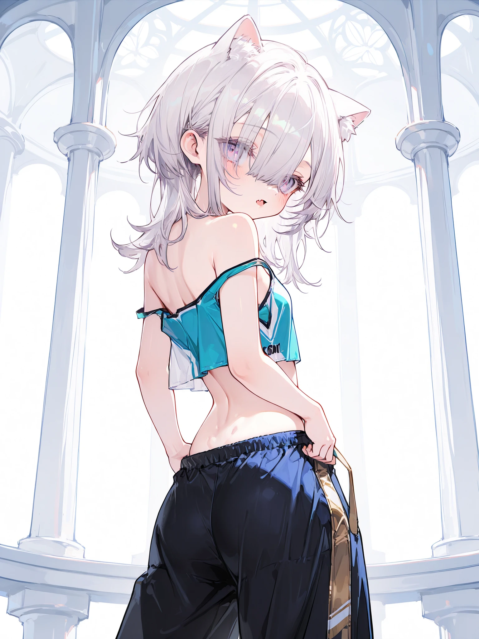 ((Masterpiece)), ((from behind, back shot)), ((best quality, very aesthetic, absurdres, newest, detailed background, High Definition)), (8K), ((1girl)), (cute young girl), (Healthy Gaunt body, Textured skin, small chest, tilt head), (pale purple eyes, gradient eyes, upturned eyes), (platinum-gold hair), ((long bangs, Hair Over One Eye)), gradient hair, blue color Hair Tip, (medium hair), (open mouth wide, skin fang), very shy, blush, (cute cheeks), glossy lips, pouty lips, (lower eyelashes), (tilt head), put on cat ears, BREAK, ((loose croptop, croptop overhang, strap slip, sportswear croptop, bare shoulder, cute navel)), slightly exposed small , slightly exposed cleavage, ((luxury baggy pants, pulling pants, pull by self, slightly exposed hip)), (loose standing, legs apart, inside the gazebo), beautiful botanical pattern background,