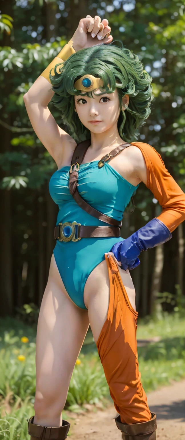 masterpiece,highest quality, Unreal Engine, Ultra-high resolution, Very detailed美しい胸, Small breasts, Beautiful cherry-colored areola、Erect nipples、Shaven、1 person, Waist, thin,
heroine,
Circlet, Curly Hair, Green Hair, short hair, Asymmetrical clothing, leotard, belt, One-handed gloves, One sleeve, Single thigh high cave, Holding a sword,, Key Visual, Vibrant、 Very detailed、smile、She is undressed and exposing her breasts、Exposing the genitals、Take off your leotard and expose your breasts、Exposing her breasts