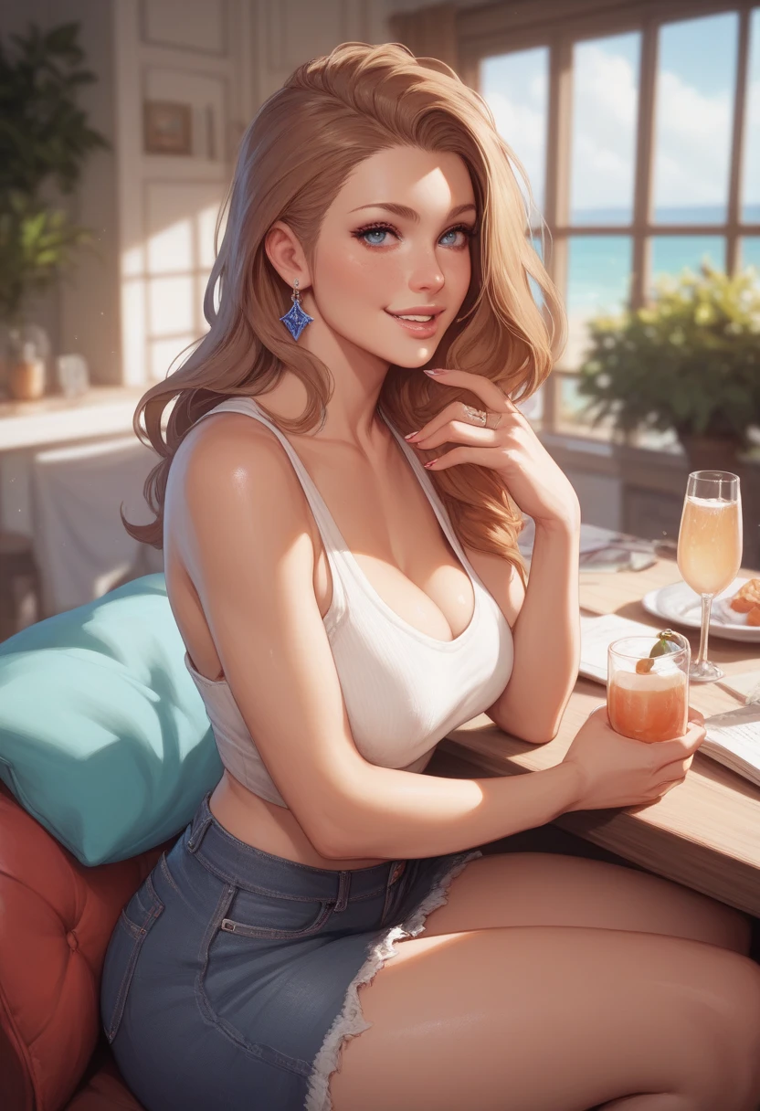 8k, best quality, realistic photos, realistic details, clear face, delicate facial features, real skin shine, a cute girl, shy, facing the camera, girl sitting in a bar in a gray fishnet sweater and tight panties, clear bar background, sea view, arms on bar counter, hips, slim body, big breasts, 24 years old, charming, seductive eyes